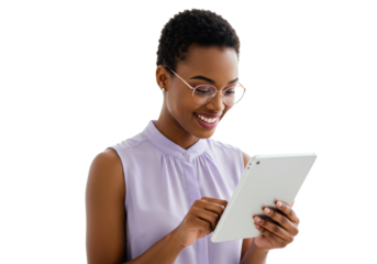 Smiling African American woman with glasses using a tablet isolated on transparent background, modern technology for communication and business
