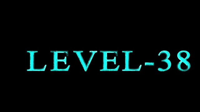Level one text font with neon line .Glowing neon sky blue color LEVEL 38 text animation.4k level text. Glowing neon color LEVEL 38 text animation icon sign symbol on black background.