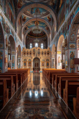 Naklejka premium ornate eastern orthodox church interior with colorful frescoes, iconostasis, and polished floor in richly painted sacred composition