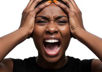 Stressed African American woman screaming with hands on head isolated on transparent PNG, expressing frustration and emotional distress
