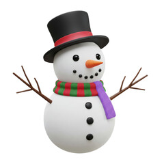 A cheerful cartoon snowman wearing a black top hat with a red band and a colorful striped scarf isolated on transparent background