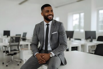Smiling Young Businessman in Stylish Suit Sitting Confidently in Modern Office