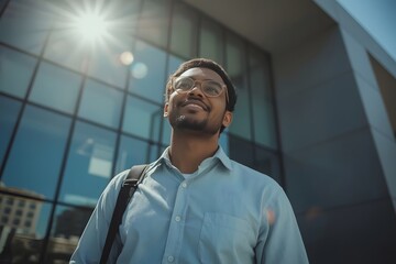 Smiling Young Man Looking Up Outdoors in Sunlight
