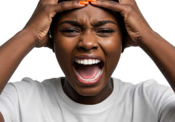 Stressed African woman screaming with hands on head isolated on transparent background, expressing frustration and anger