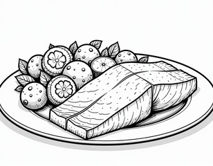 Salmon and Side Dish Line Art Illustration