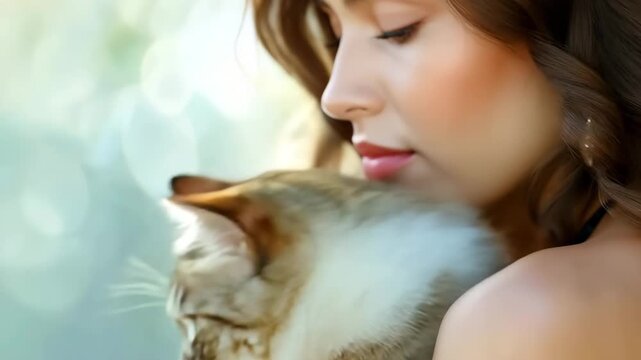 Portrait of a young woman cuddling a cute Siberian cat with green eyes. The female is hugging her long-haired kitty with a background offering space for additional text.