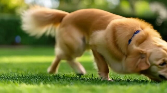 Selective focus on a golden retriever dog playing with a rubber ball on a green lawn.