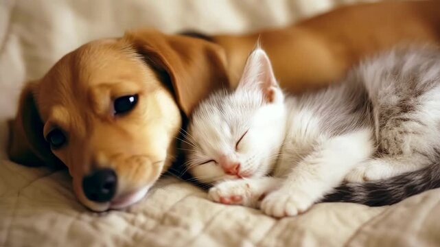 A puppy and kitten curled up together, peacefully sleeping.