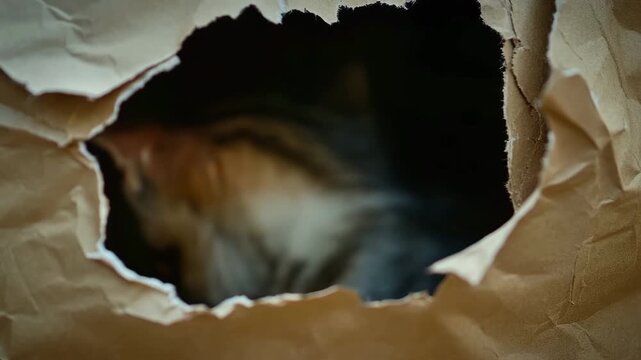 A cat peering through a torn hole in paper, gazing upward.