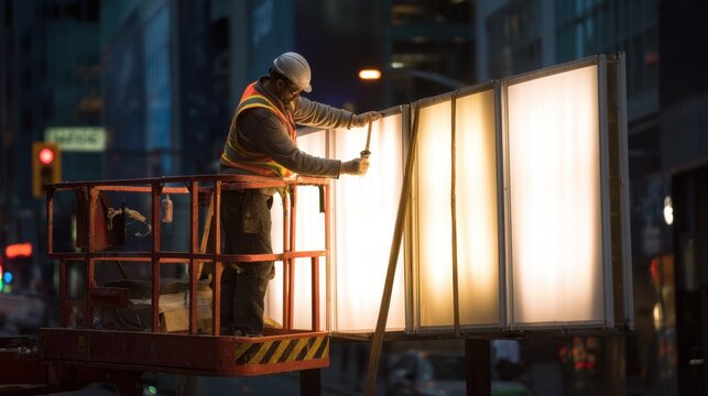 Midrange shot capturing the precise alignment of a backlit signage panel being fixed emphasizing the bright elements in sharp detail with the urban backdrop softly diffused