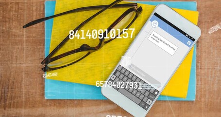 On start glasses notebooks and smartphone showing numeric streams animating vanishing for data flow - Powered by Adobe