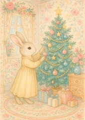 Obraz premium Charming rabbit decorates Christmas tree.