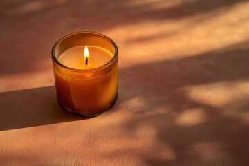A lit candle placed inside a glass container, resting on a table
