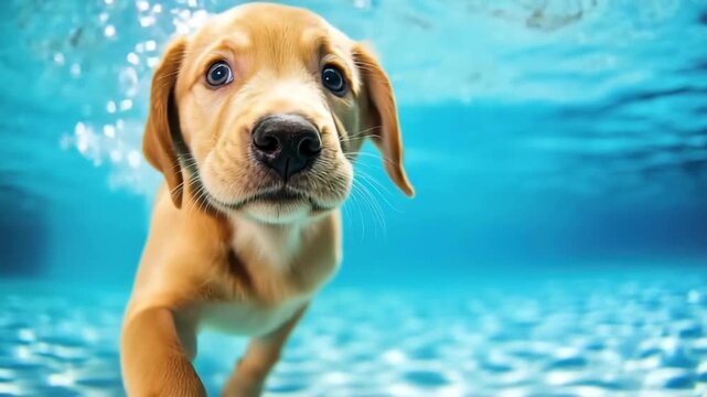 Underwater shot of a playful golden labrador retriever puppy in a swimming pool, diving and jumping for fun. Showcasing action and games with family pets during summer.