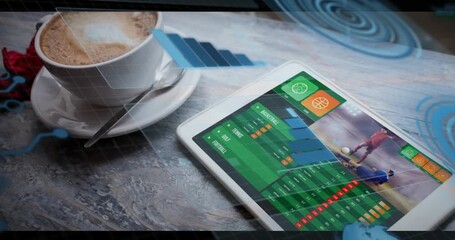 glowing circuits starting data flow with tablet showing soccer stats bars rising radar pulsing - Powered by Adobe