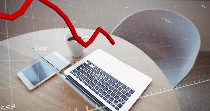 Red line chart entering from left above table with grid swaying downward showing financial decline