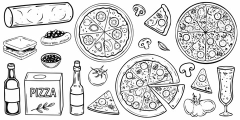 Hand drawn black and white illustration of various pizza ingredients and food items for a delicious meal