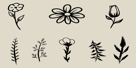 Collection of hand drawn black ink floral elements and botanical illustrations on a neutral background