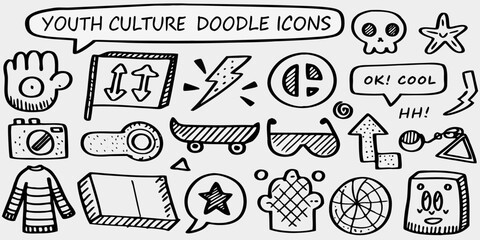 Collection of hand drawn youth culture doodle icons and symbols on white background
