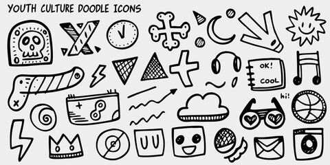 Collection of hand drawn youth culture doodle icons and symbols in black and white