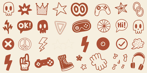 Naklejka premium Collection of hand drawn doodle icons and symbols in brown on a light background