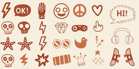 Collection of hand drawn doodle icons and symbols in a warm brown color palette on a cream background