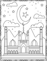 Hand-drawn images of Islamic worship places for holiday card design. Doodle of different mosques. Eid Mubarak Kareem. Coloring Page For Kids And Adults. 