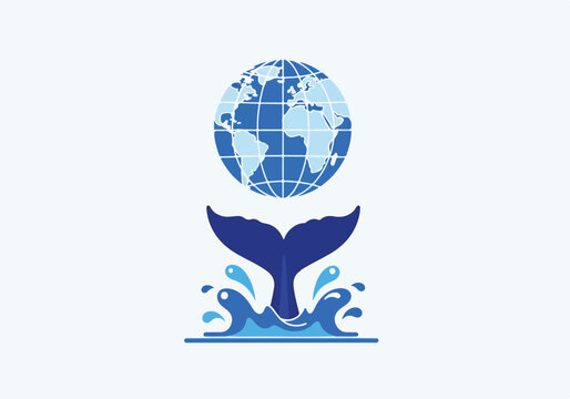 Creative illustration of globe emerging from ocean waves with whale tail below, symbols of environmental protection and ocean conservation awareness program theme,