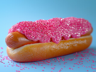 A hot dog topped with bright pink glitter and frosting sparkles in hyperrealistic detail. Playful pop-art reinterpretation of a classic snack against a blue background.