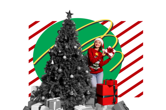 Composite photo collage of happy girl wear santa claus hat hold present box new year tree bauble winter event isolated on painted background