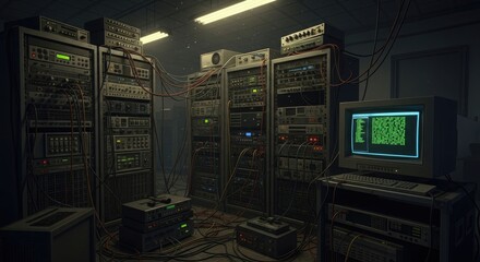 Obraz premium Server room with racks of electronic equipment and cables