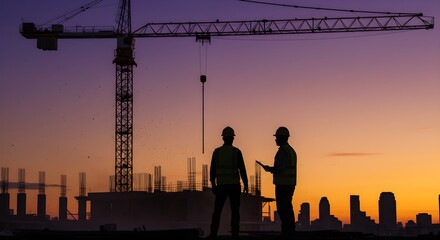 Construction Crew Overseeing a Site with Crane at Sunset with City Skyline Backdrop