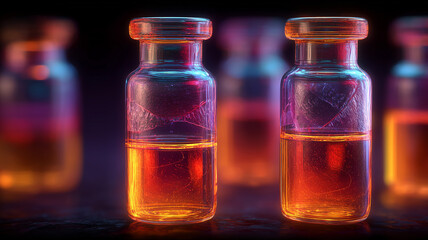 Medical vials containing experimental liquid representing vaccine development and pharmaceutical research, illustrating biotechnology innovation clinical trials and the pursuit of preventive healthcar