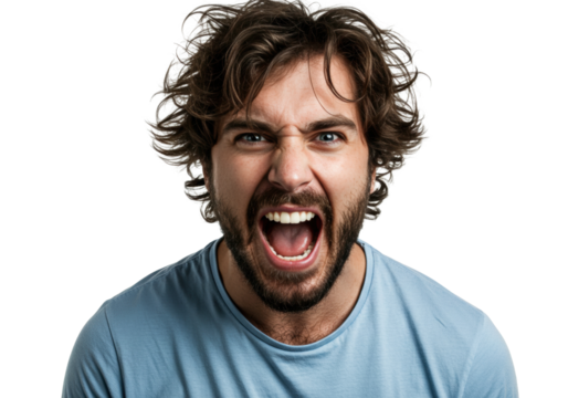 Furious man with messy hair screaming isolated, expressing anger and frustration in a studio shot on a clean backdrop