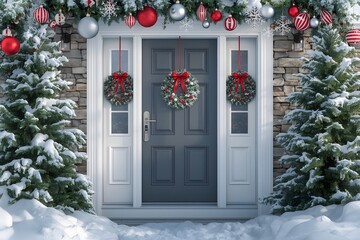 Snowy Front Door with Christmas Wreaths, Garland, and Holiday Ornaments