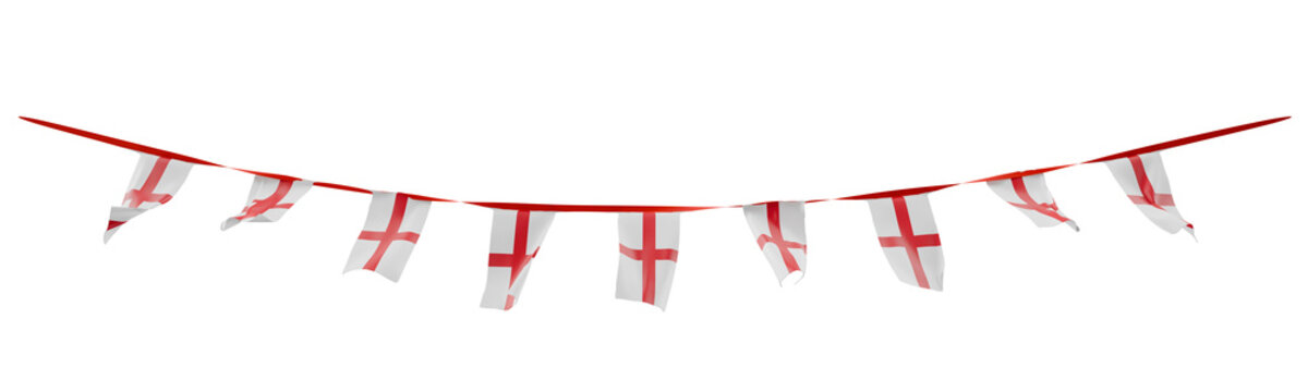 england flags on hanging bunting banner, transparent background
