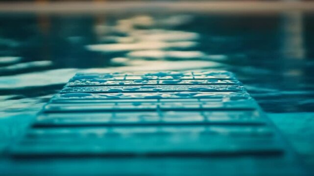 Wooden decking emerging from water surface closeup