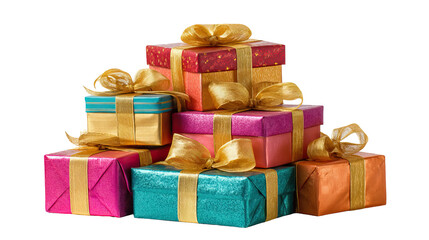 Stack of Colorful Wrapped Presents in Festive Holiday Mood on Transparent Background