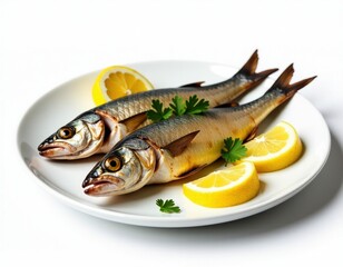 Fresh Cooked Fish with Lemon and Parsley on White Plate