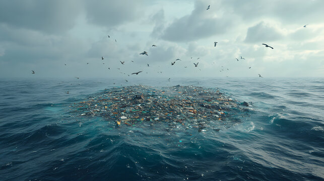 Garbage island surrounded by ocean and birds flying in the cloudy sky in a pollution scene