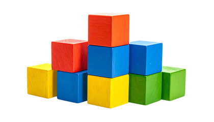 Colorful wooden building blocks stacked on top of each other, isolated on transparent background.