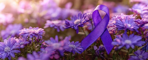 The Purple Ribbon Among Violet Flowers Symbolizing Hope Support and Healing in Sunlit Garden