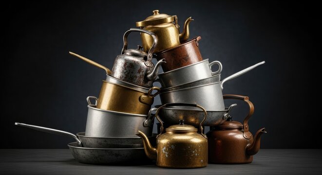 Stack of vintage kitchenware pots and kettles cookware