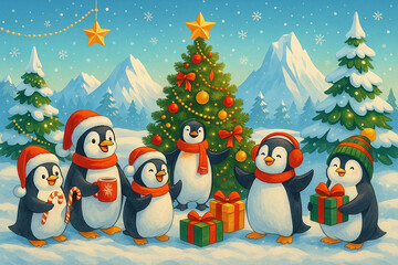 Cute penguins celebrating Christmas in snowy Antarctica with gifts, a decorated tree, and holiday cheer.