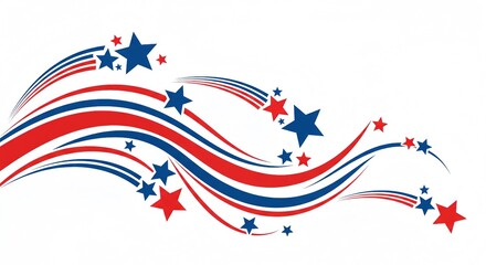 Abstract patriotic background with red and blue stars and flowing wavy stripes on a white backdrop.