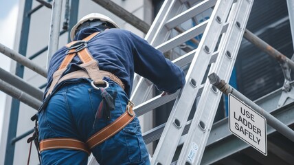 Fototapeta premium safety training workplace routine concept. Worker climbing a ladder with safety gear, emphasizing construction site safety.