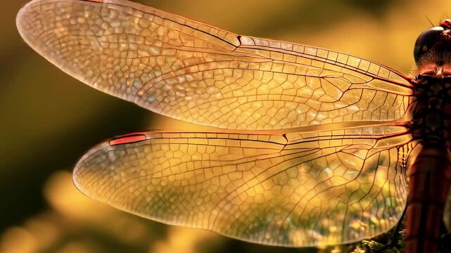 Macro shot of a dragonfly showing delicate wings with intricate vein patterns, lit by golden sunlight