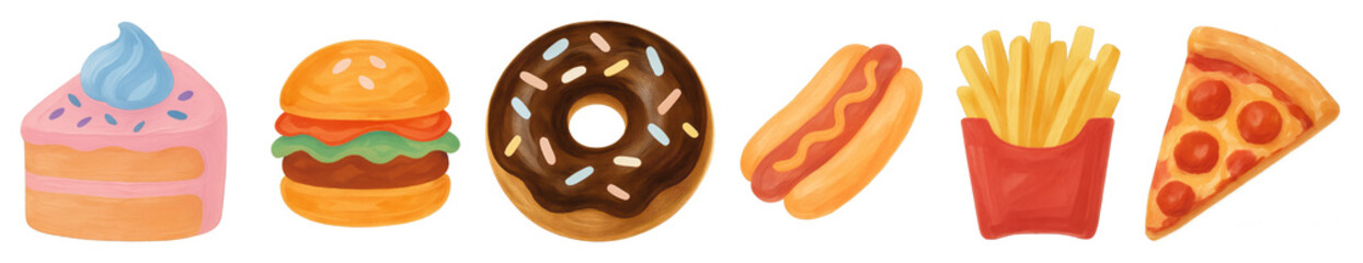 Fototapeta premium PNG Colorful cartoon fast food icons, element set on transparent background