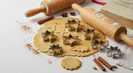 Close-up, high-key shot of star-shaped cookie cutters pressing into ginger cookie dough, surrounded by rolling pins, flour, cinnamon sticks, and star anise on a white surface.