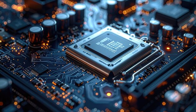 Intricate Computer Circuit Board with Glowing Pathways and Central Processor Unit Close Up